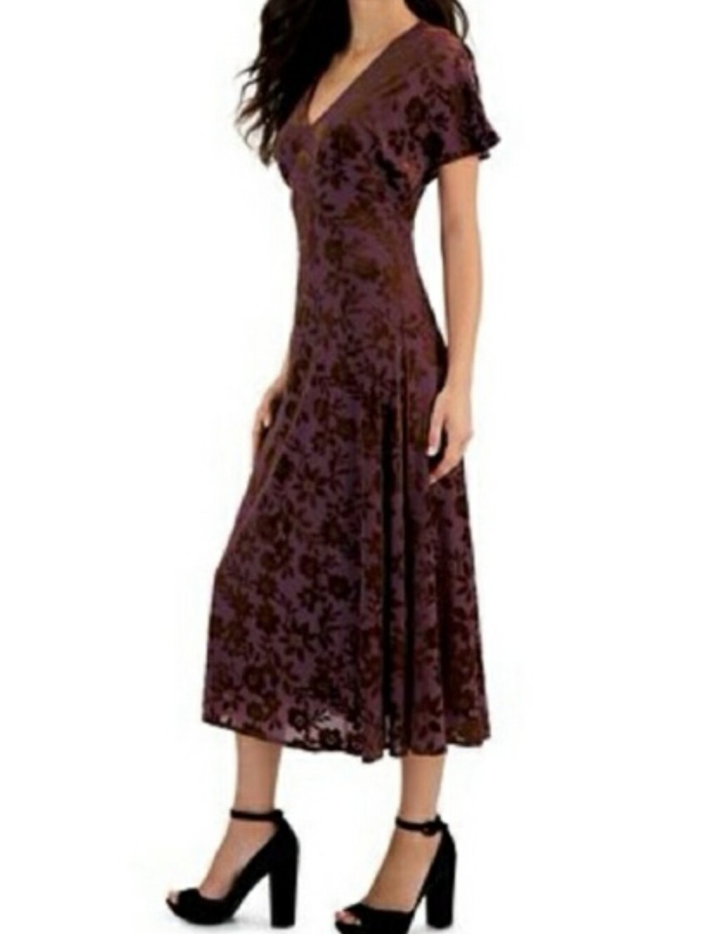 TAYLOR V-neck Short-sleeve Burnout Velvet Midi Dress In Kalamata/cocoa Size 8